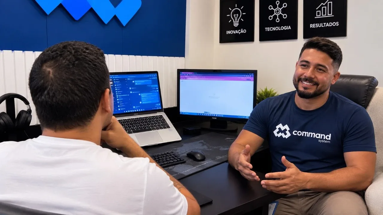 Colaborador da Command System sorrindo durante um atendimento, em frente ao símbolo da marca e aos quadros Inovação, Tecnologia e Resultados