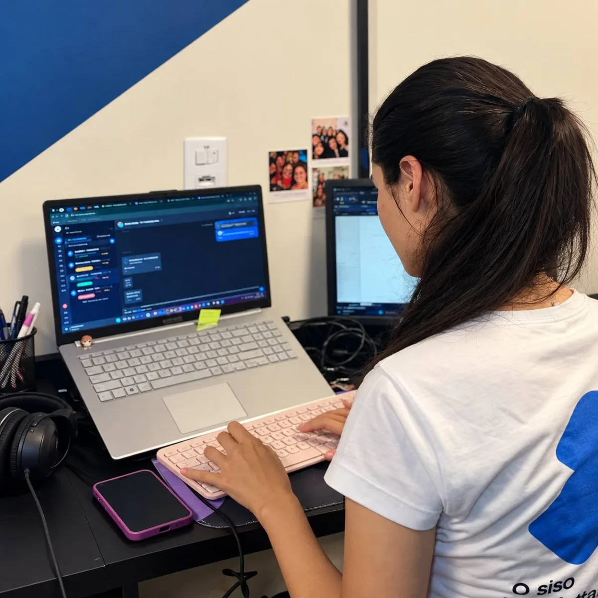 Colaboradora da Command System de costas, digitando no notebook com o sistema aberto, ao lado de um segundo monitor