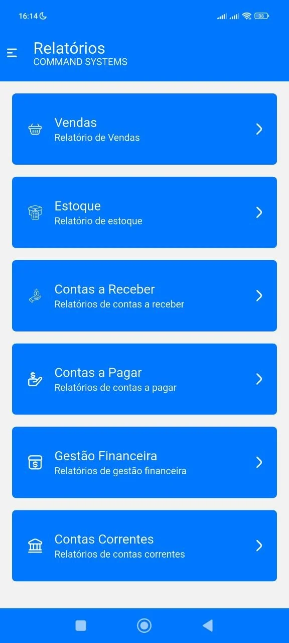 Menu de relatórios do aplicativo com vendas, estoque, contas a receber, contas a pagar e gestão financeira